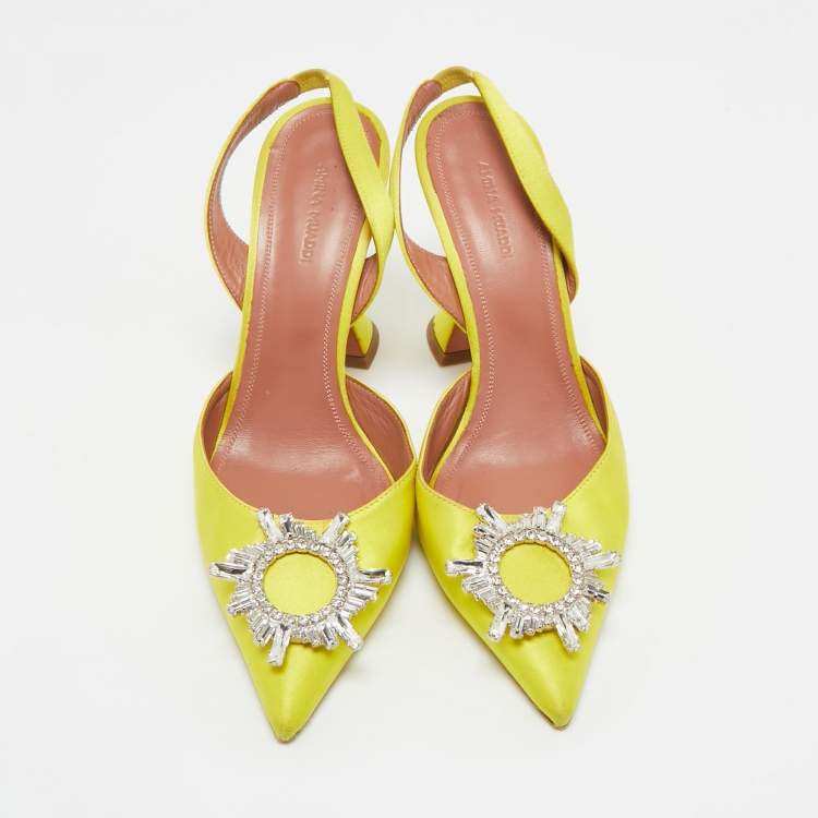 Pre Owned Amina Muaddi Yellow Satin Begum Slingback Pumps Size 40