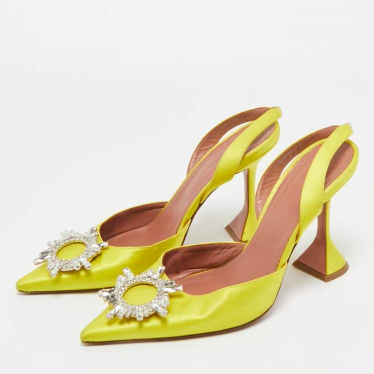 Pre Owned Amina Muaddi Yellow Satin Begum Slingback Pumps Size 40