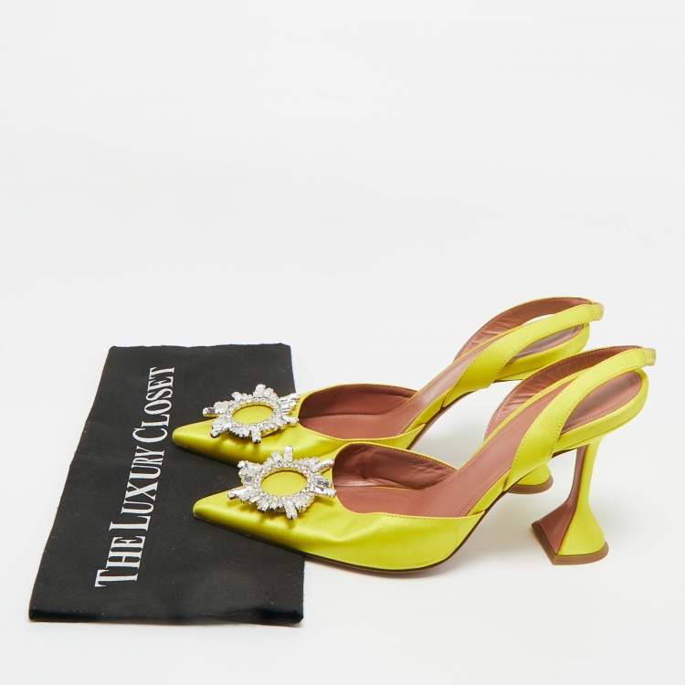 Pre Owned Amina Muaddi Yellow Satin Begum Slingback Pumps Size 40