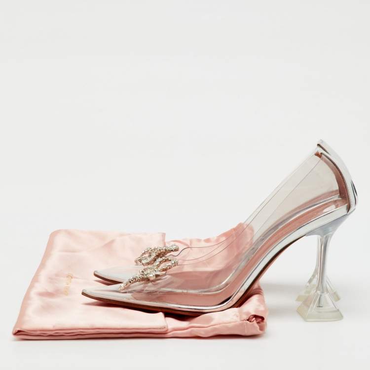Pre Owned Amina Muaddi Transparent/Silver PVC and Leather Rosie Pointed Toe Pumps Size 39