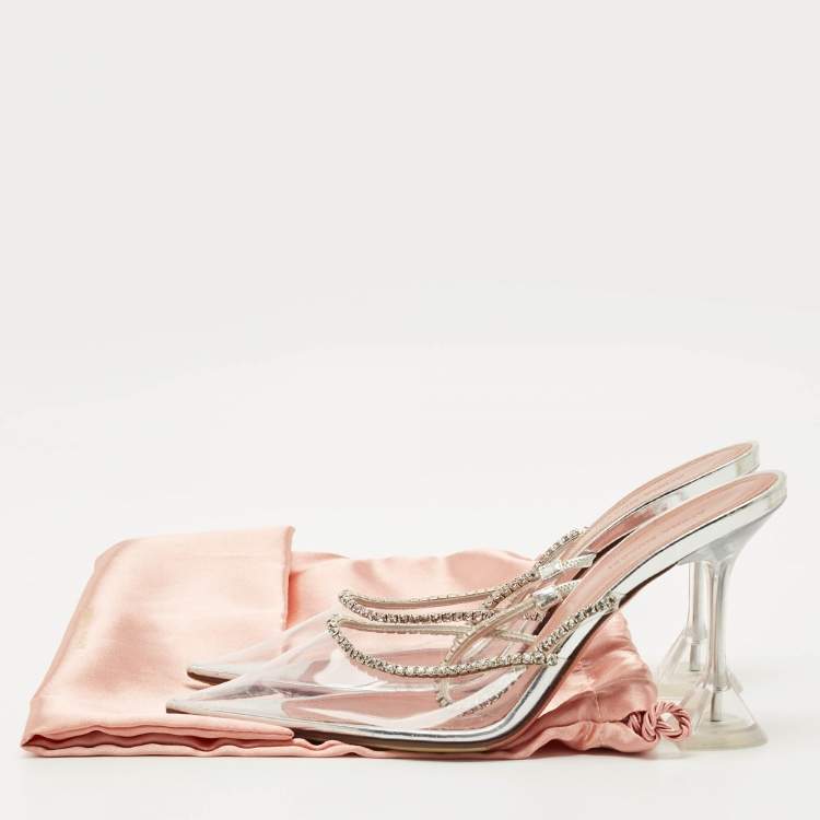 Pre Owned Amina Muaddi Transparent PVC Crystal Embelish Gilda Mules Size 39.5