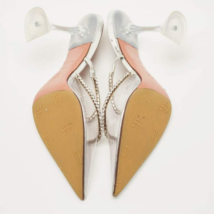 Pre Owned Amina Muaddi Transparent PVC Crystal Embelish Gilda Mules Size 39.5