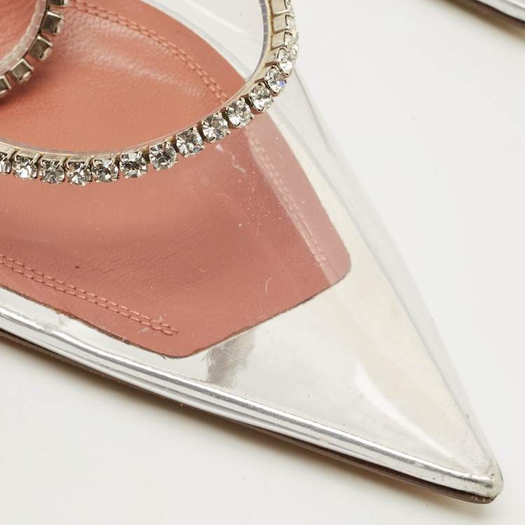 Pre Owned Amina Muaddi Transparent PVC Crystal Embelish Gilda Mules Size 39.5
