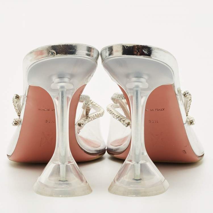 Pre Owned Amina Muaddi Transparent PVC Crystal Embelish Gilda Mules Size 39.5