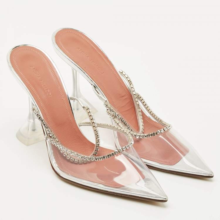 Pre Owned Amina Muaddi Transparent PVC Crystal Embelish Gilda Mules Size 39.5
