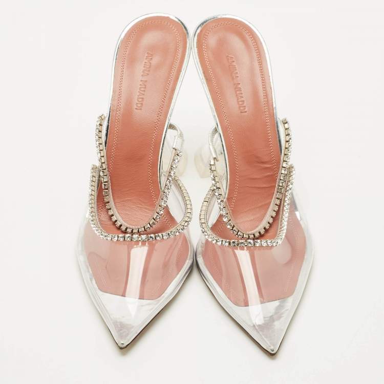 Pre Owned Amina Muaddi Transparent PVC Crystal Embelish Gilda Mules Size 39.5