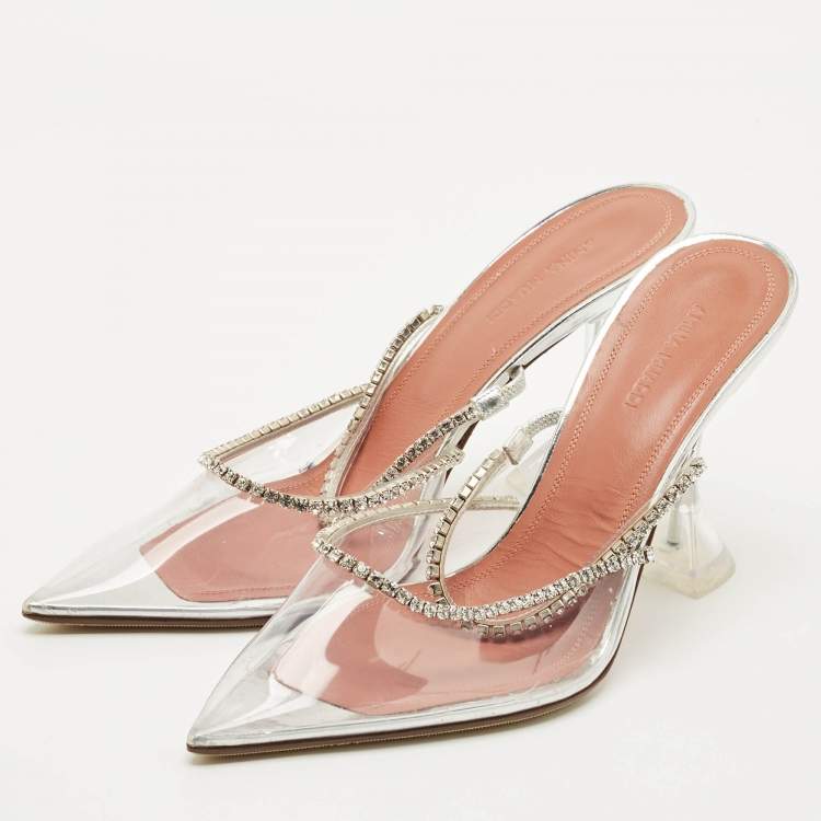 Pre Owned Amina Muaddi Transparent PVC Crystal Embelish Gilda Mules Size 39.5
