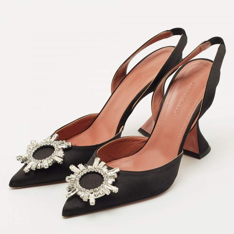 Pre Owned Amina Muaddi Black Satin Begum Slingback Pumps Size 39