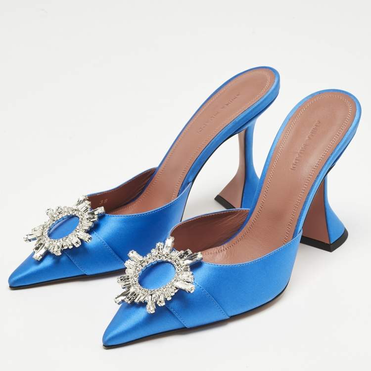Pre Owned Amina Muaddi Blue Satin Begum Mules Size 38