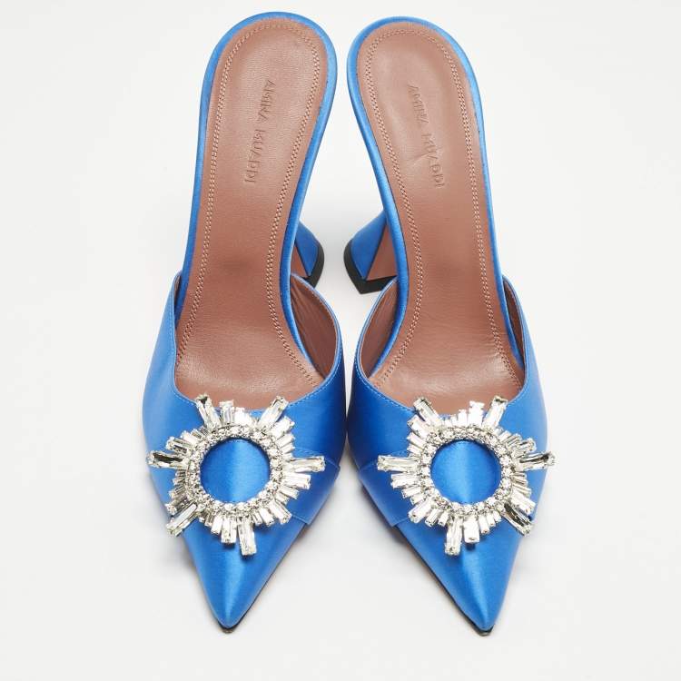 Pre Owned Amina Muaddi Blue Satin Begum Mules Size 38