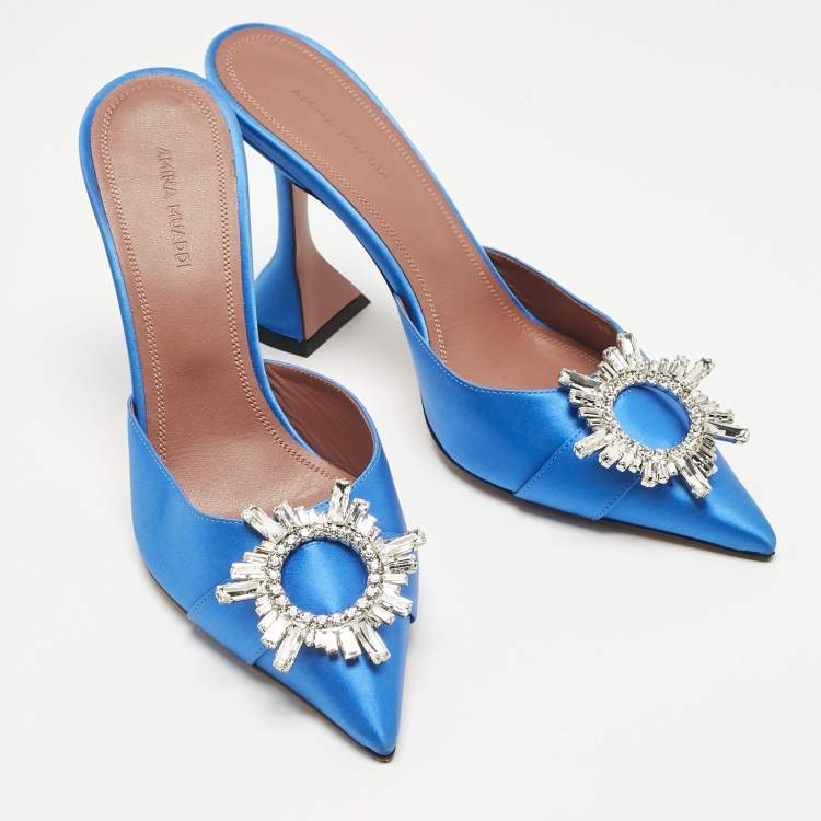 Pre Owned Amina Muaddi Blue Satin Begum Mules Size 38