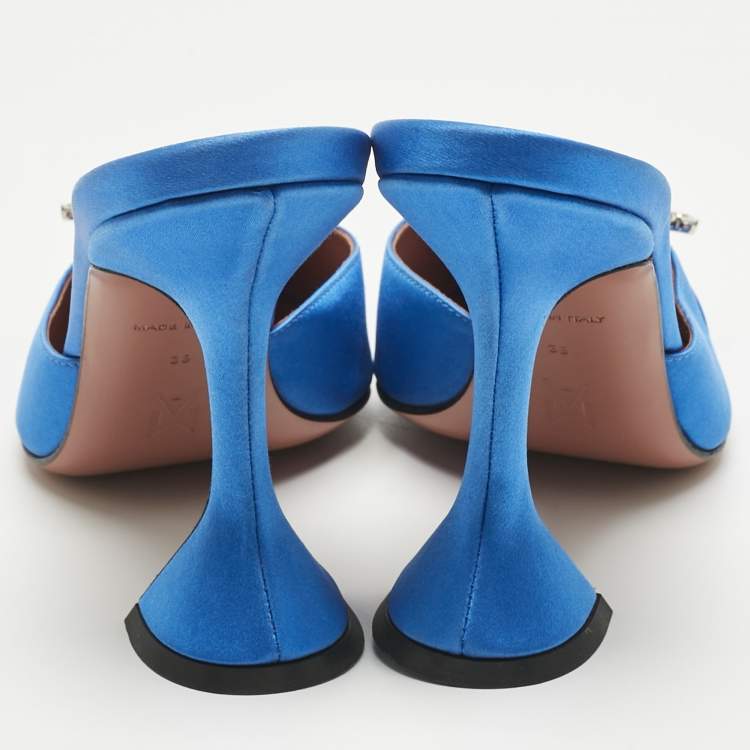 Pre Owned Amina Muaddi Blue Satin Begum Mules Size 38