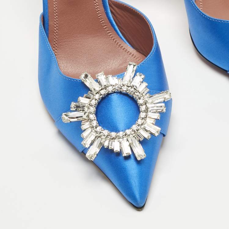Pre Owned Amina Muaddi Blue Satin Begum Mules Size 38