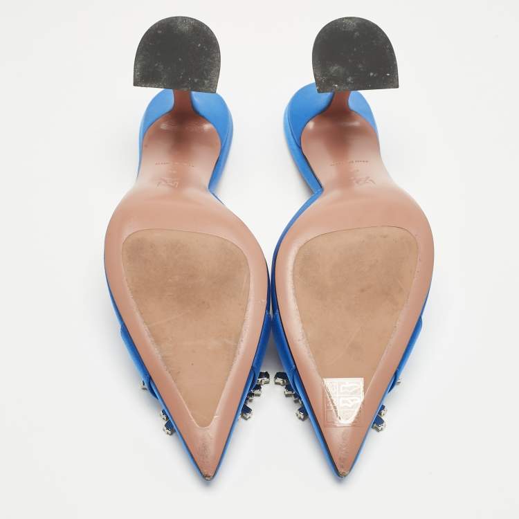 Pre Owned Amina Muaddi Blue Satin Begum Mules Size 38