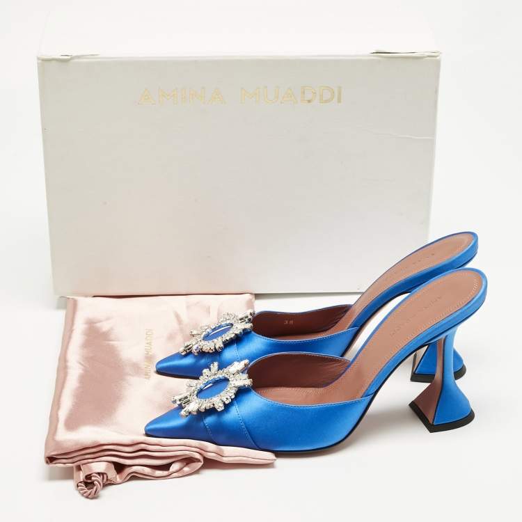 Pre Owned Amina Muaddi Blue Satin Begum Mules Size 38