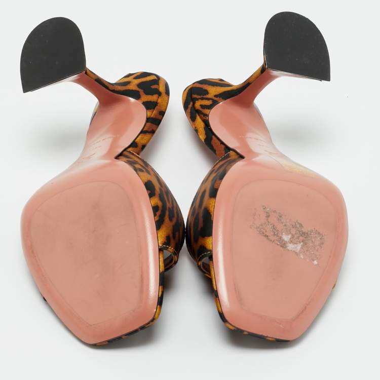 Pre Owned Amina Muaddi Two Tone Leopard Print Satin lupita Slide Sandals Size 37.5