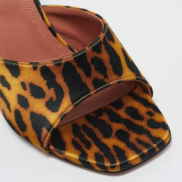 Pre Owned Amina Muaddi Two Tone Leopard Print Satin lupita Slide Sandals Size 37.5