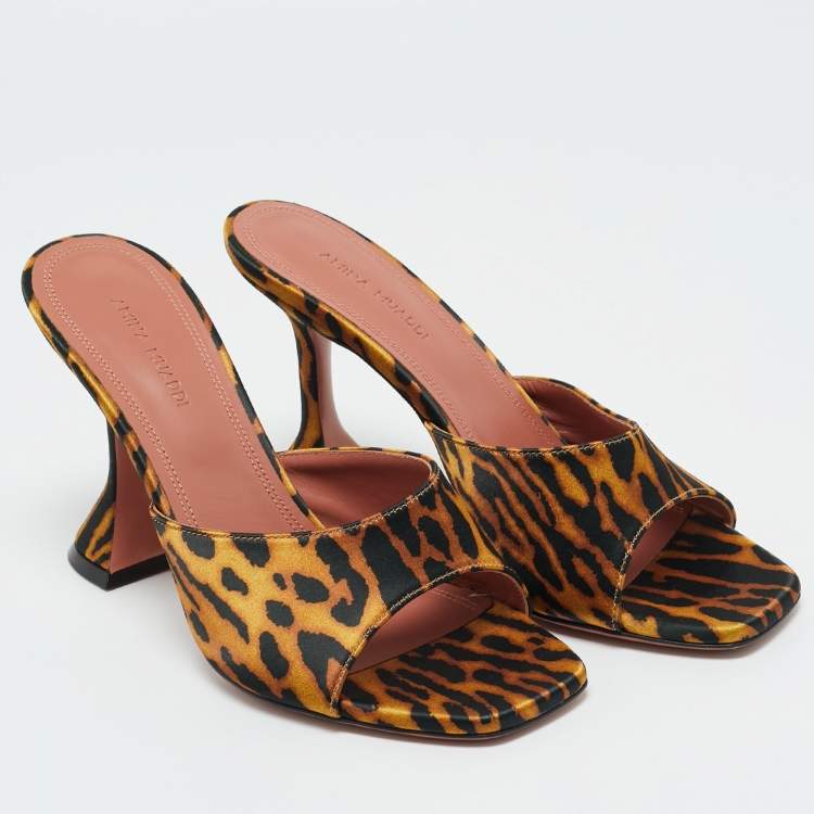 Pre Owned Amina Muaddi Two Tone Leopard Print Satin lupita Slide Sandals Size 37.5