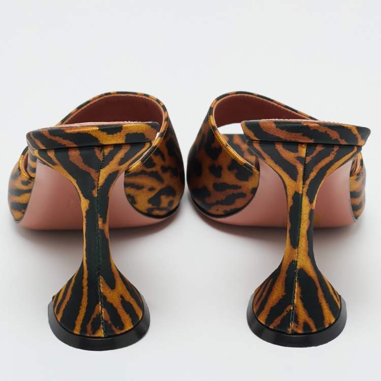 Pre Owned Amina Muaddi Two Tone Leopard Print Satin lupita Slide Sandals Size 37.5