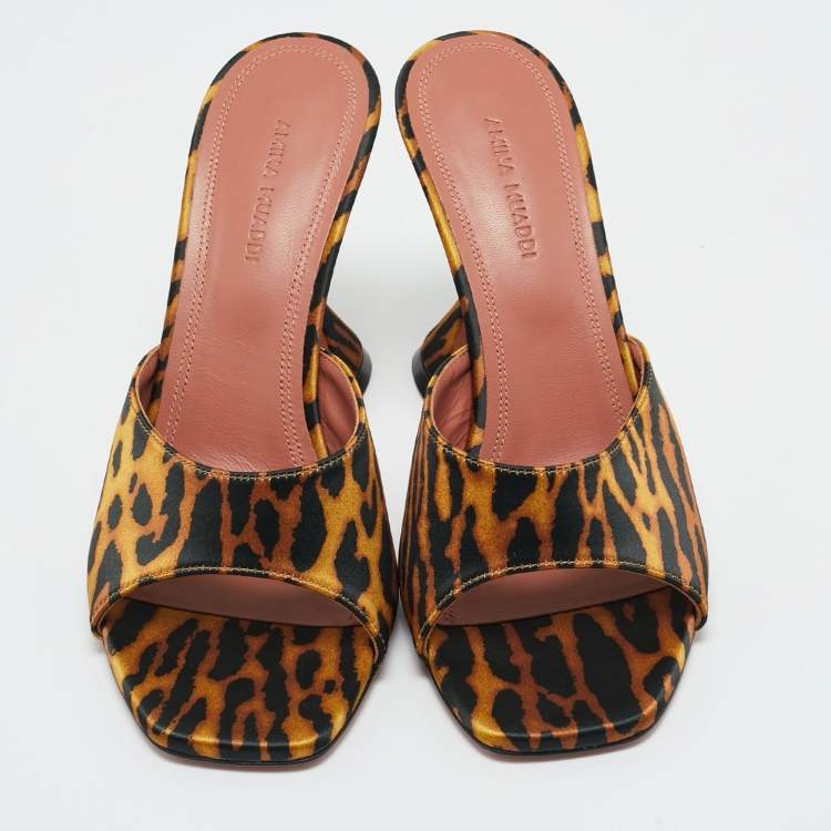 Pre Owned Amina Muaddi Two Tone Leopard Print Satin lupita Slide Sandals Size 37.5