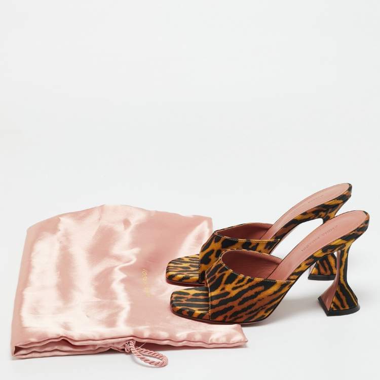 Pre Owned Amina Muaddi Two Tone Leopard Print Satin lupita Slide Sandals Size 37.5