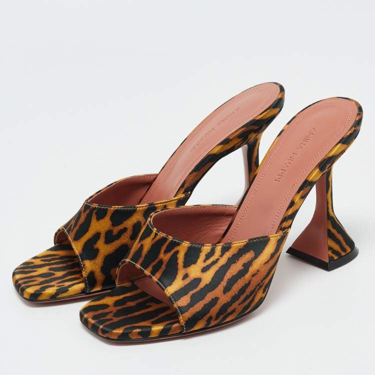 Pre Owned Amina Muaddi Two Tone Leopard Print Satin lupita Slide Sandals Size 37.5