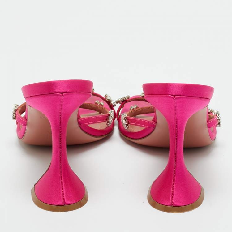 Pre Owned Amina Muaddi Pink Satin Lily Slide Sandals Size 37.5