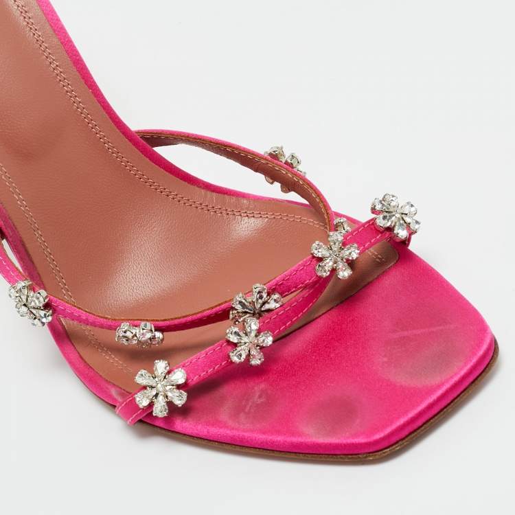 Pre Owned Amina Muaddi Pink Satin Lily Slide Sandals Size 37.5