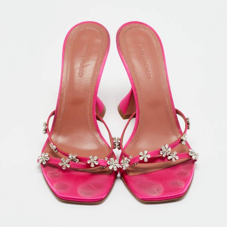 Pre Owned Amina Muaddi Pink Satin Lily Slide Sandals Size 37.5