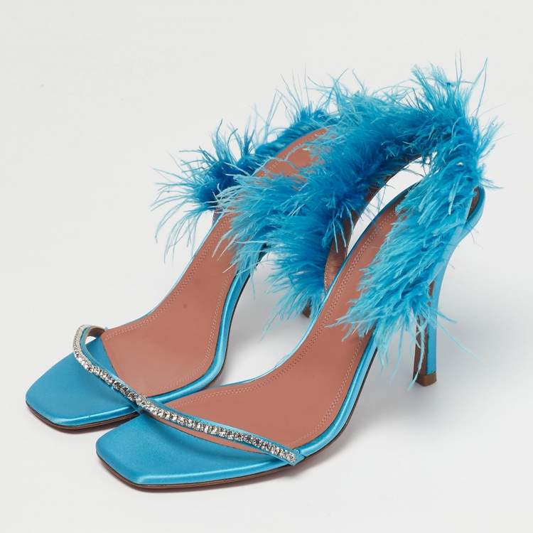 Pre Owned Amina Muaddi Blue Satin and Feather Adwoa Slingback Sandals Size 39