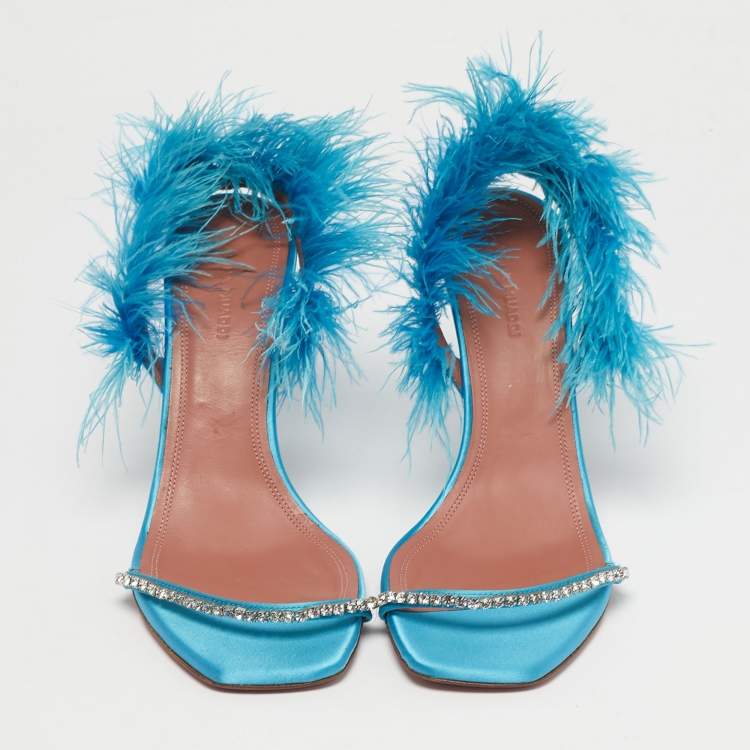 Pre Owned Amina Muaddi Blue Satin and Feather Adwoa Slingback Sandals Size 39