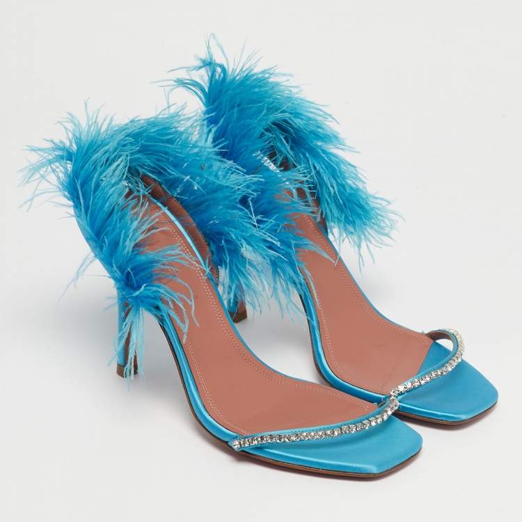 Pre Owned Amina Muaddi Blue Satin and Feather Adwoa Slingback Sandals Size 39