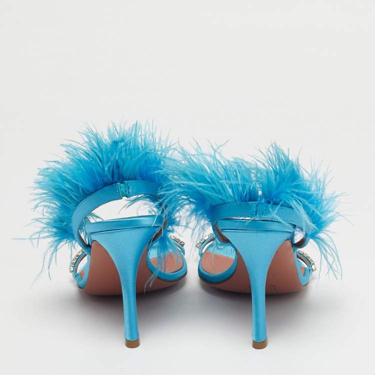 Pre Owned Amina Muaddi Blue Satin and Feather Adwoa Slingback Sandals Size 39