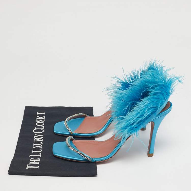 Pre Owned Amina Muaddi Blue Satin and Feather Adwoa Slingback Sandals Size 39
