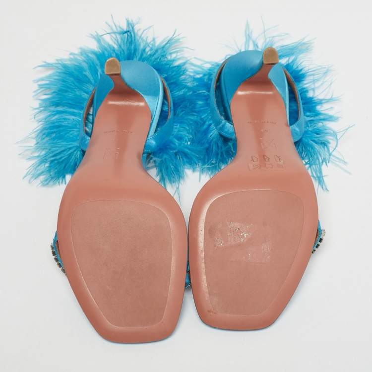 Pre Owned Amina Muaddi Blue Satin and Feather Adwoa Slingback Sandals Size 39