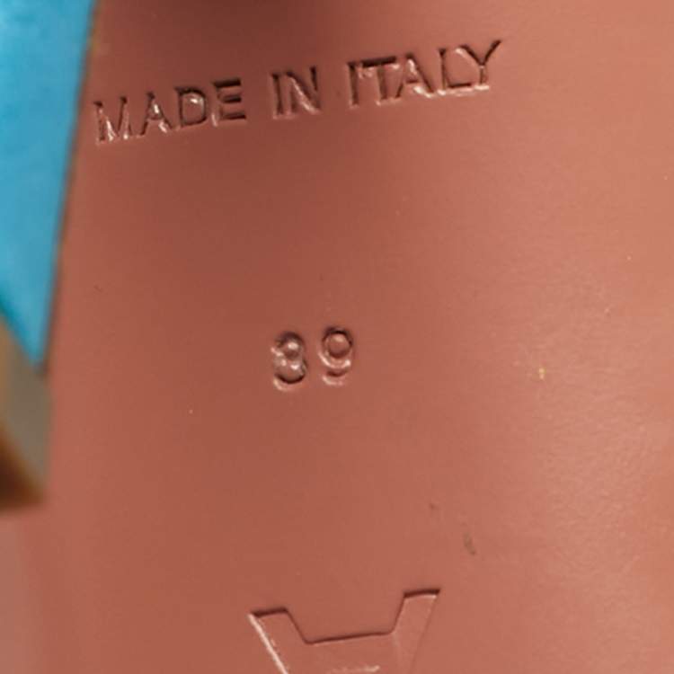 Pre Owned Amina Muaddi Blue Satin and Feather Adwoa Slingback Sandals Size 39