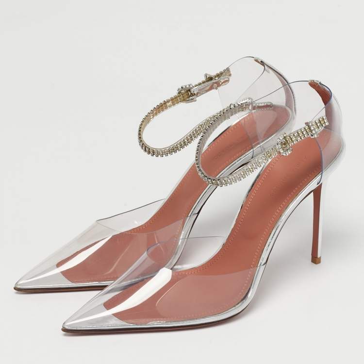 Pre Owned Amina Muaddi Silver Patent Leather and PVC Ursina Pumps Size 40