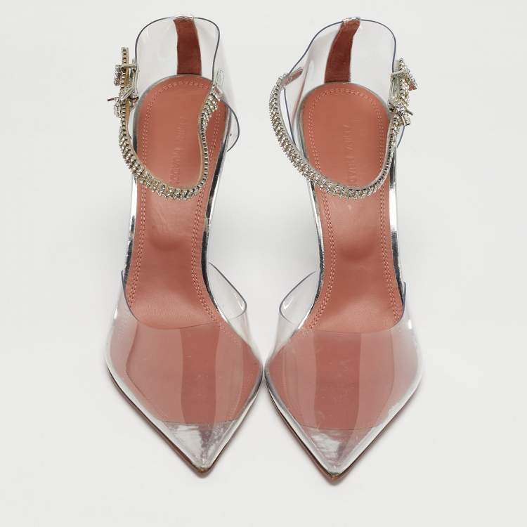 Pre Owned Amina Muaddi Silver Patent Leather and PVC Ursina Pumps Size 40