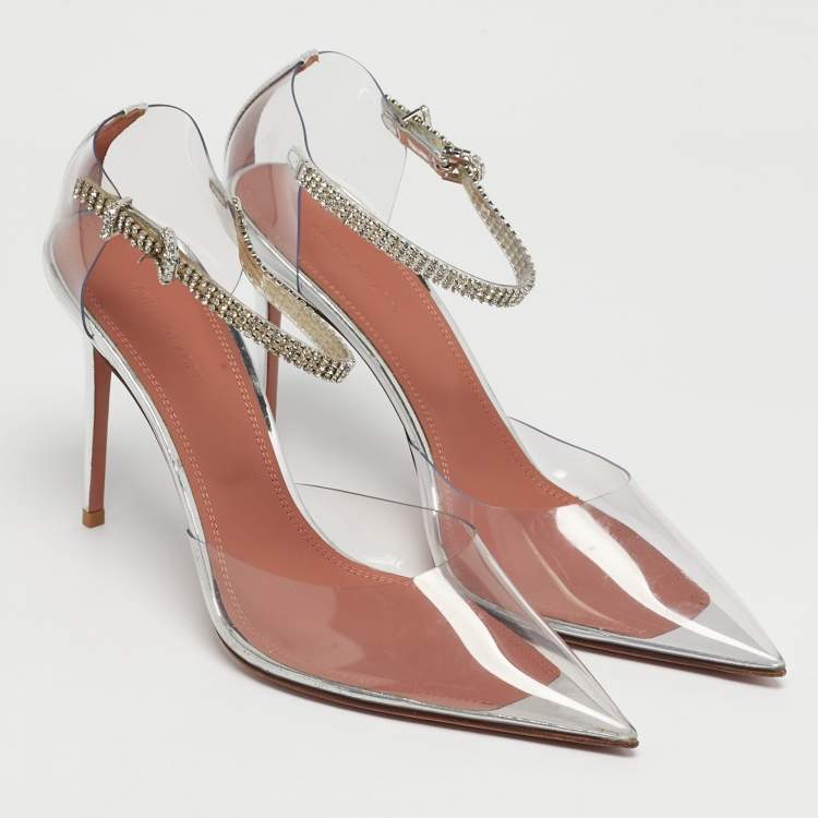 Pre Owned Amina Muaddi Silver Patent Leather and PVC Ursina Pumps Size 40