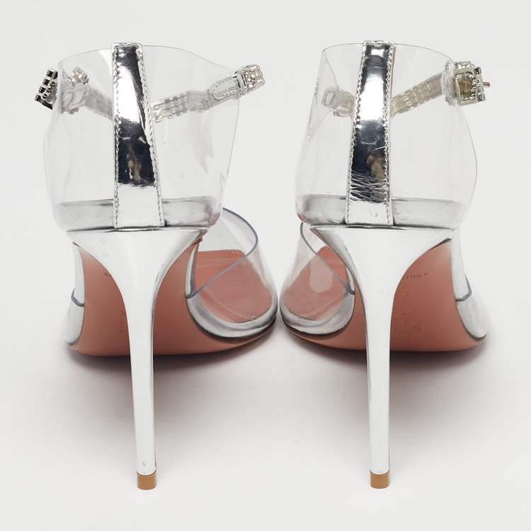 Pre Owned Amina Muaddi Silver Patent Leather and PVC Ursina Pumps Size 40