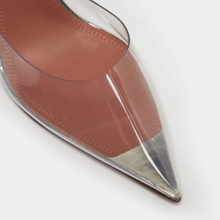 Pre Owned Amina Muaddi Silver Patent Leather and PVC Ursina Pumps Size 40