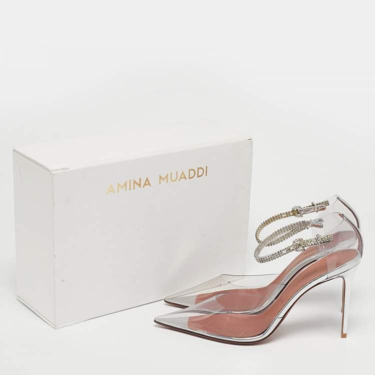 Pre Owned Amina Muaddi Silver Patent Leather and PVC Ursina Pumps Size 40