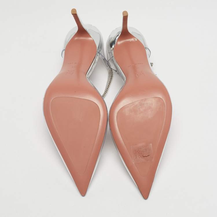 Pre Owned Amina Muaddi Silver Patent Leather and PVC Ursina Pumps Size 40