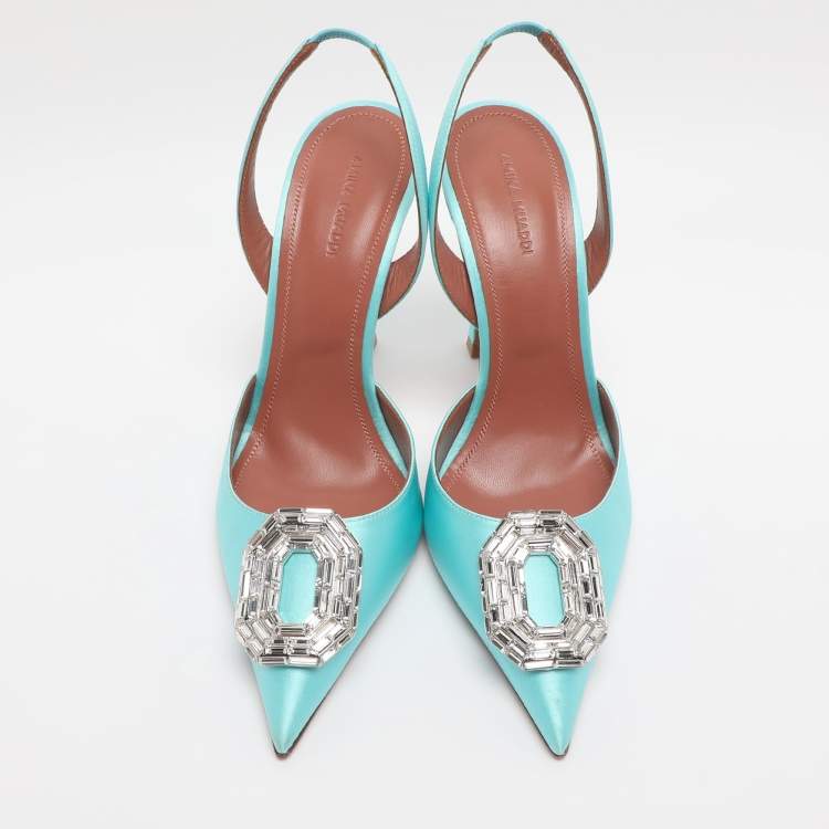 Pre Owned Amina Muaddi Turquoise Satin Camelia Crystal Embellished Pointed Toe Slingback Pumps Size 39.5