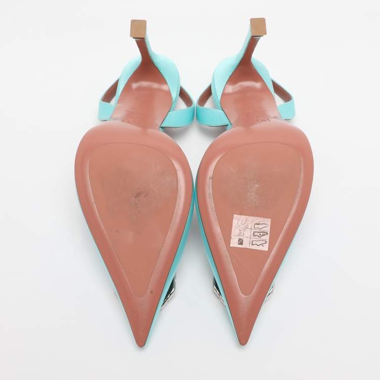 Pre Owned Amina Muaddi Turquoise Satin Camelia Crystal Embellished Pointed Toe Slingback Pumps Size 39.5