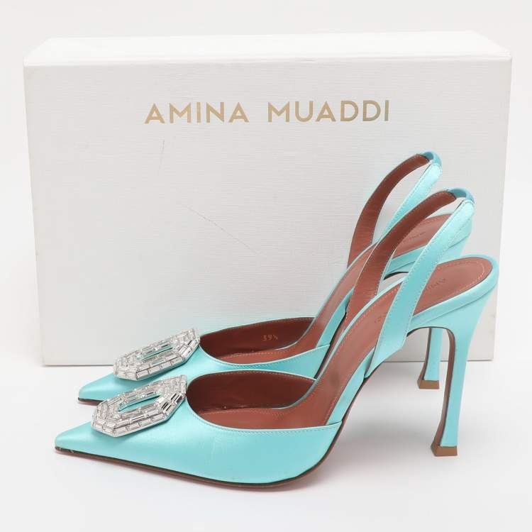 Pre Owned Amina Muaddi Turquoise Satin Camelia Crystal Embellished Pointed Toe Slingback Pumps Size 39.5