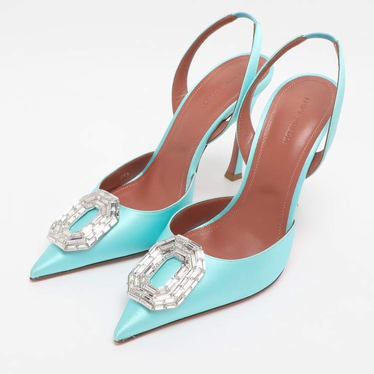 Pre Owned Amina Muaddi Turquoise Satin Camelia Crystal Embellished Pointed Toe Slingback Pumps Size 39.5
