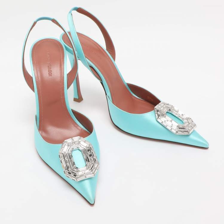 Pre Owned Amina Muaddi Turquoise Satin Camelia Crystal Embellished Pointed Toe Slingback Pumps Size 39.5