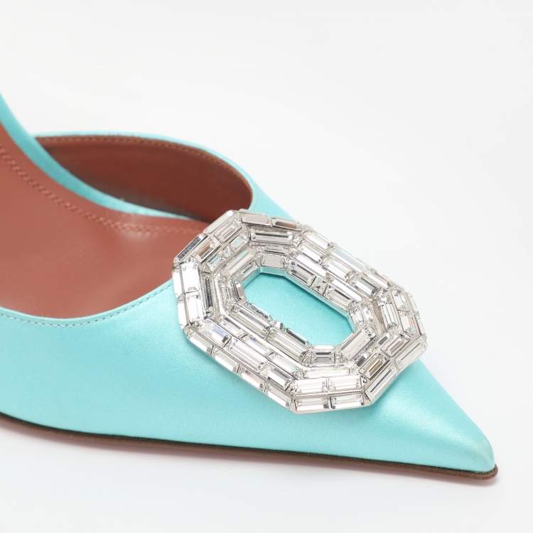 Pre Owned Amina Muaddi Turquoise Satin Camelia Crystal Embellished Pointed Toe Slingback Pumps Size 39.5