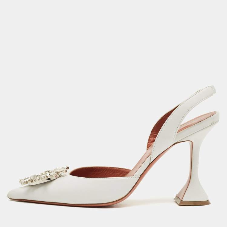 Pre Owned Amina Muaddi White Leather Begum Slingback Pumps Size 39